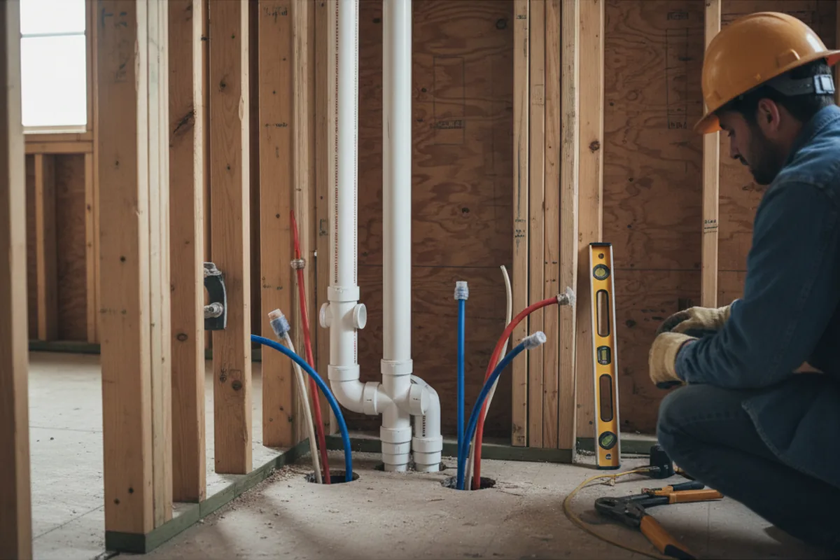 Drain and supply rough-in during Sump Pump Repair in Blue Rock