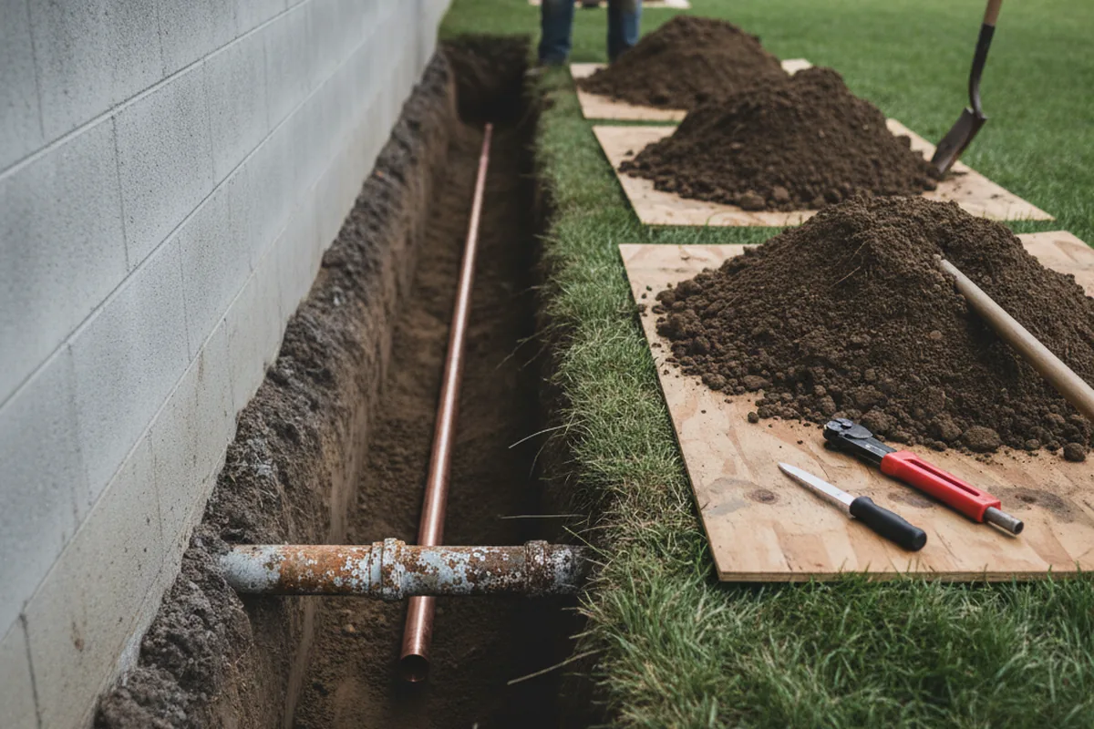 Excavated water line trench during Sewer Line Repair in Blue Rock